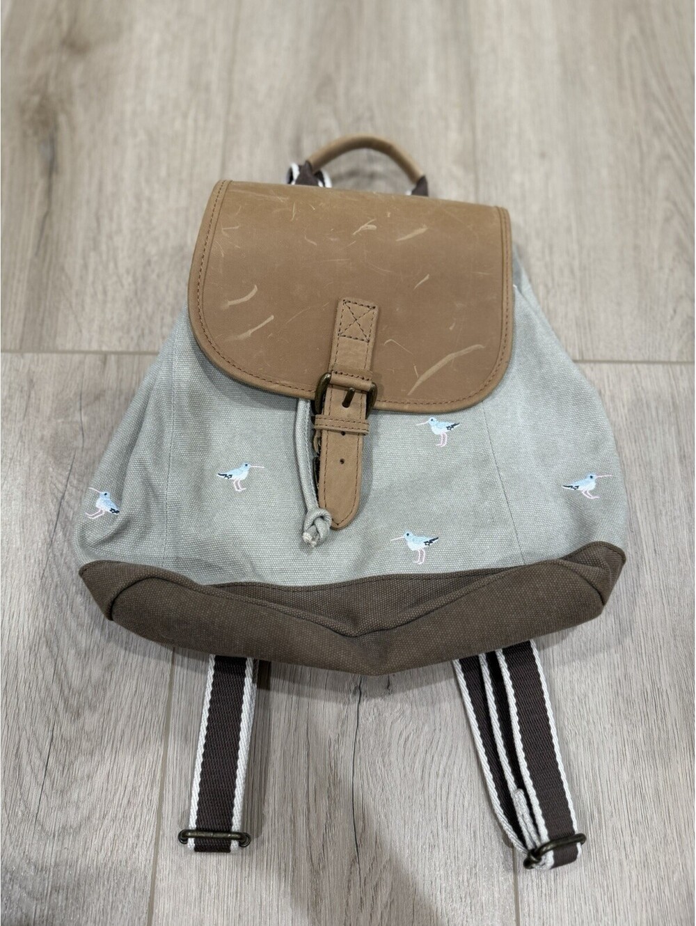 LL Bean Beige Canvas Seagull Embroidered Rucksack Leather Flap Backpack Spaniel